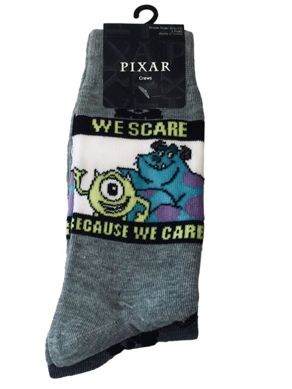 PIXAR Monsters Inc Men's Crew Socks Size 6 1/2-12 Set of 2 WE SCARE BECAUSE WE C